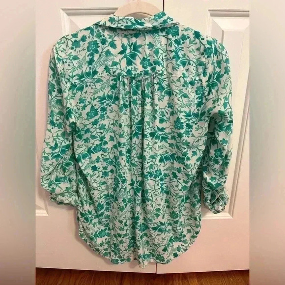 Anthropologie Maeve Islet Green Floral Roll Tab Button Up Blouse XS - Picture 8 of 9